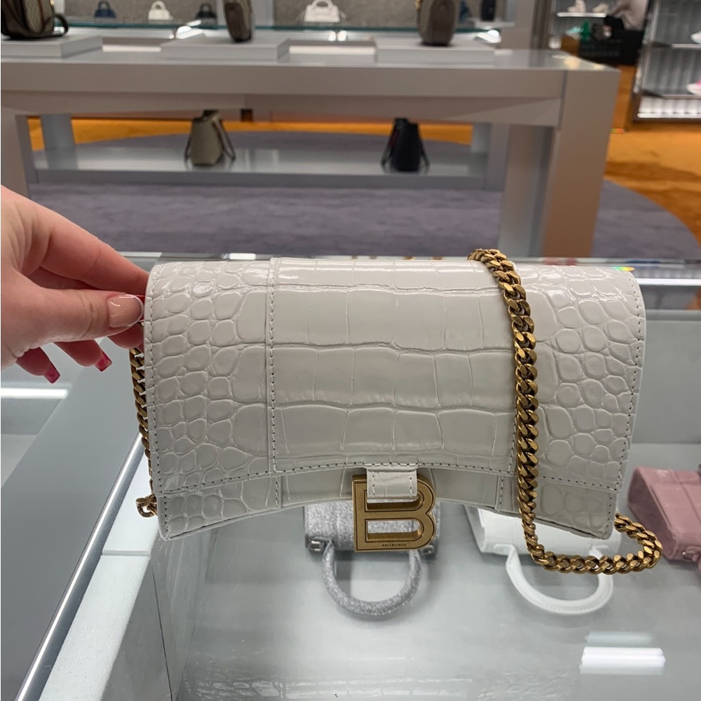 Balenciaga White Gold Clutch with Croc-Embossed Texture
